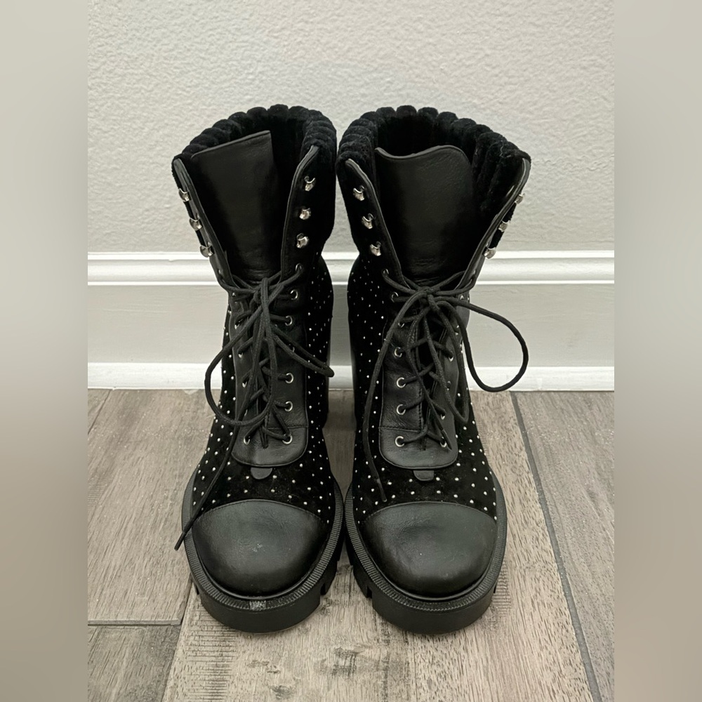 Christian Louboutin Black Leather Combat Boots with Studded Details